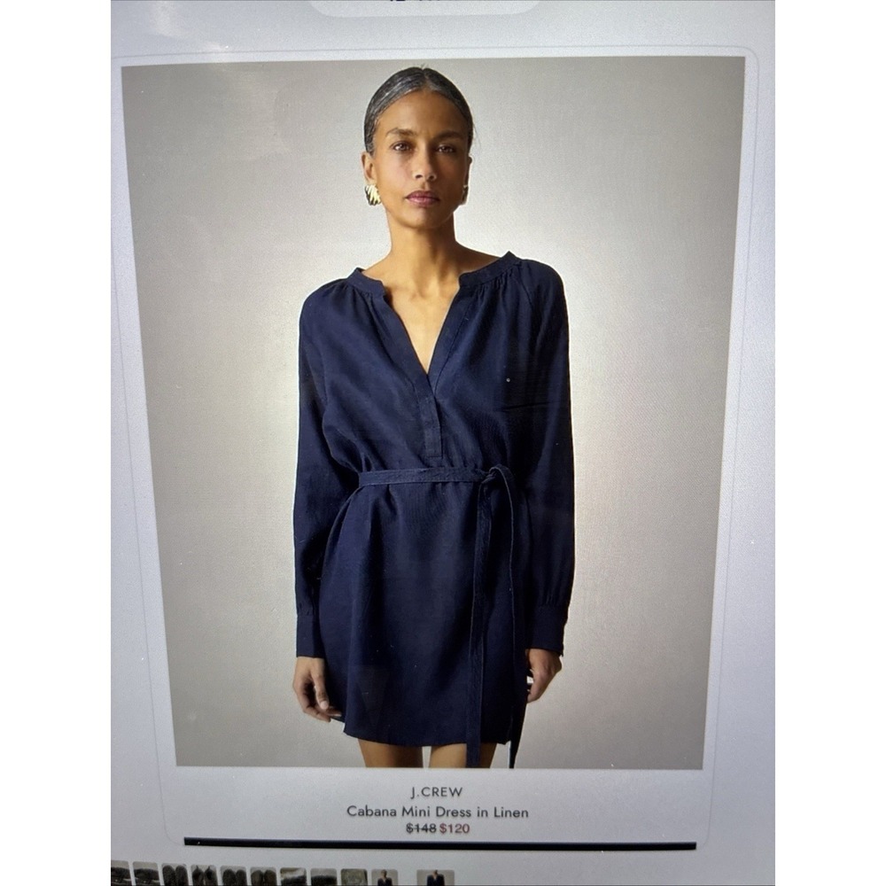 JCREW Cabana mini dress in 100% linen Navy Women's w/waist tie, pockets Sz‎ XS